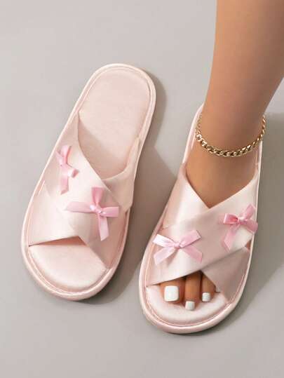 Elegant Bow Decor Comfortable Satin Criss-Cross Slip-On Slippers For Women, Suitable For Indoor & Outdoor Wear