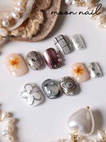 10pcs Press On Nails Silver Flower Cute Stripe Nails Press On Nail Supplies Short Nails Fake Nails Artificial Nails Kit Includes 1sheet Adhesive Tabs &1 Pc Mini File - Multicolor - View 3