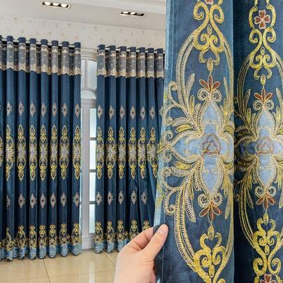 1 件欧式双层窗帘，上层饰有刺绣蕾丝，遮光效果好；下层为薄纱和纯色涤纶面料拼接而成，适用于客厅、卧室、餐厅、派对和假日家居装饰，营造奢华氛围。