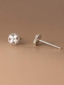 1pc 925 Sterling Silver Cubic Zirconia Inlaid Small Disc Cross Flower Round Stud Earrings - Single Earring - View 6