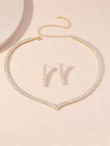 1 Set Elegant Fashion Personalized V-Shaped Sparkling Rhinestone Earrings And Necklace Set, Suitable For Women's Wedding, Party, Valentine's Day Gift, And Daily Wear - Gold - View 4