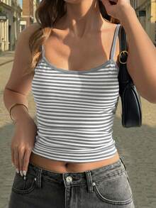 Vaiaye 女士时尚内衣风上衣，春夏条纹印花圆领修身休闲度假性感吊带背心，适合海滩度假和日常休闲穿着。 - 淺灰色 - 查看 10