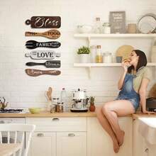 1 Set 5 Pcs Farmhouse Kitchen Wall Decor - Rustic Wooden Cookware Shaped Hanging Signs With "Bless The Food Family Love" Quotes, Hanging Plaques For Country Kitchen & Dining Room Decor - Nhiều màu - Xem 3