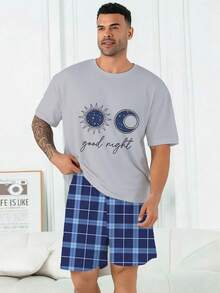 Bộ đồ ngủ nam cỡ lớn | Áo tay ngắn cổ tròn và quần short cạp chun kiểu dáng thường ngày | Vải dệt kim polyester mềm mại, thoáng khí, dáng rộng | Chúc ngủ ngon! Họa tiết sao và trăng in trên nền vải, thiết kế thường ngày. - Màu xanh bụi bặm - Xem 1