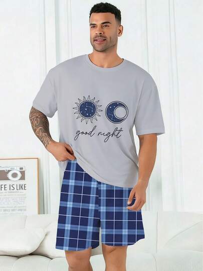 Plus Size Men's Pajama Set | Round Neck Short Sleeve Top And Elastic Waist Casual Shorts 2 Piece Set | Polyester Knit Fabric Soft And Breathable Loose Fit | Good Night! Star And Moon Pattern Print Casual Design