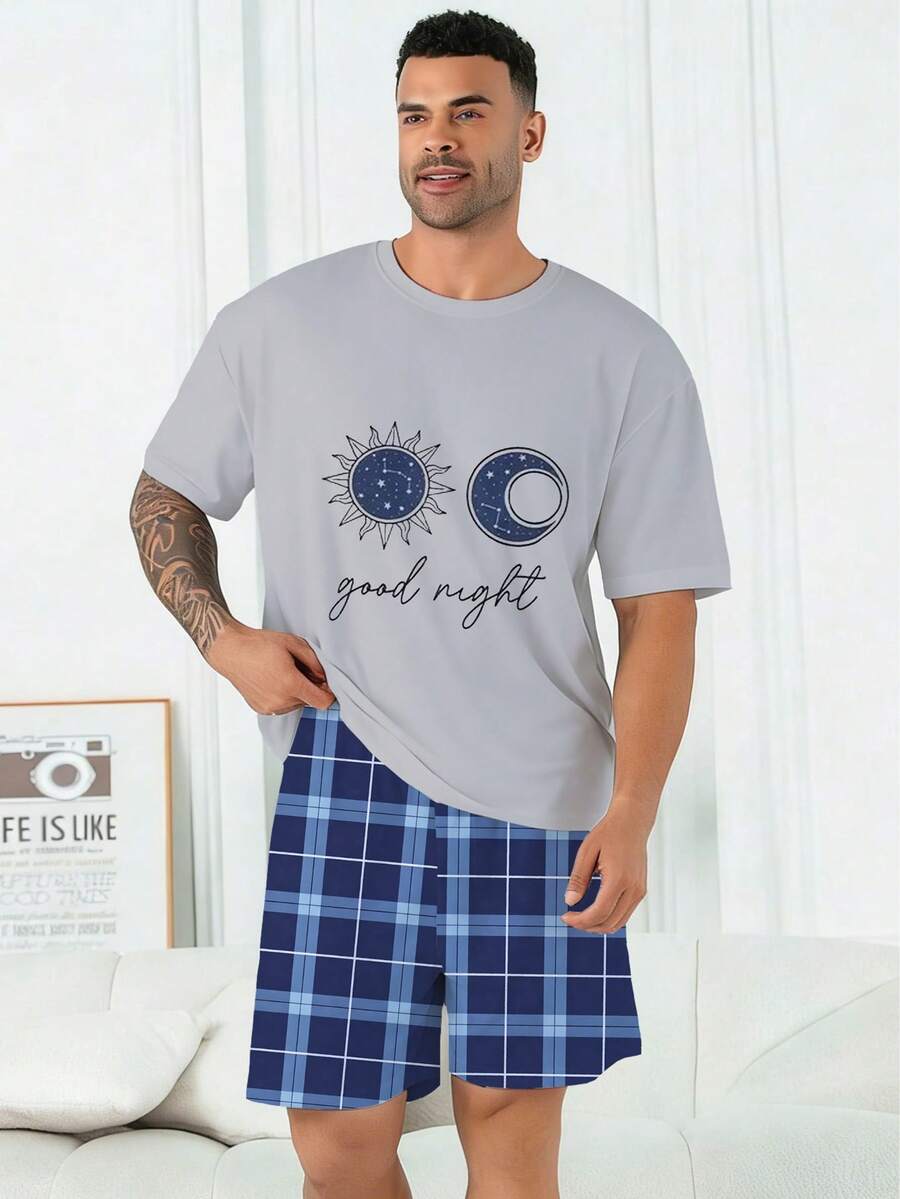 Bộ đồ ngủ nam cỡ lớn | Áo tay ngắn cổ tròn và quần short cạp chun kiểu dáng thường ngày | Vải dệt kim polyester mềm mại, thoáng khí, dáng rộng | Chúc ngủ ngon! Họa tiết sao và trăng in trên nền vải, thiết kế thường ngày. - Màu xanh bụi bặm - Xem 1