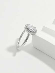 1pc Elegant Fashion Classic Minimalist Sparkling 925 Silver Oval Main Stone Ring Suitable For Women Engagement Wedding Date Party Gift - Silver - View 2