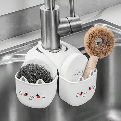 2pcs Cute Cat Silicone Faucet Holder With Drainage Hole, Sponge Storage Rack For Bathroom And Kitchen, Space-Saving, Drainage Rack, Decorative Storage, Durable Sponge Holder, Bathroom Organizer And Storage Rack