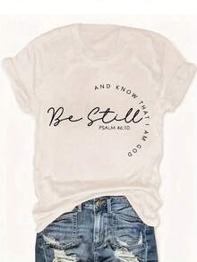 Women's Navy Blue Christian T-Shirt With Psalm 46:10 Bible Verse - Soft Blend Short Sleeve Round Neck Top, Elegant Font Bible Verse Tee For Church, Prayer & Casual Attire - Machine Washable Faith Apparel, Spiritual Gift For All-Season - 杏色 - 查看 1