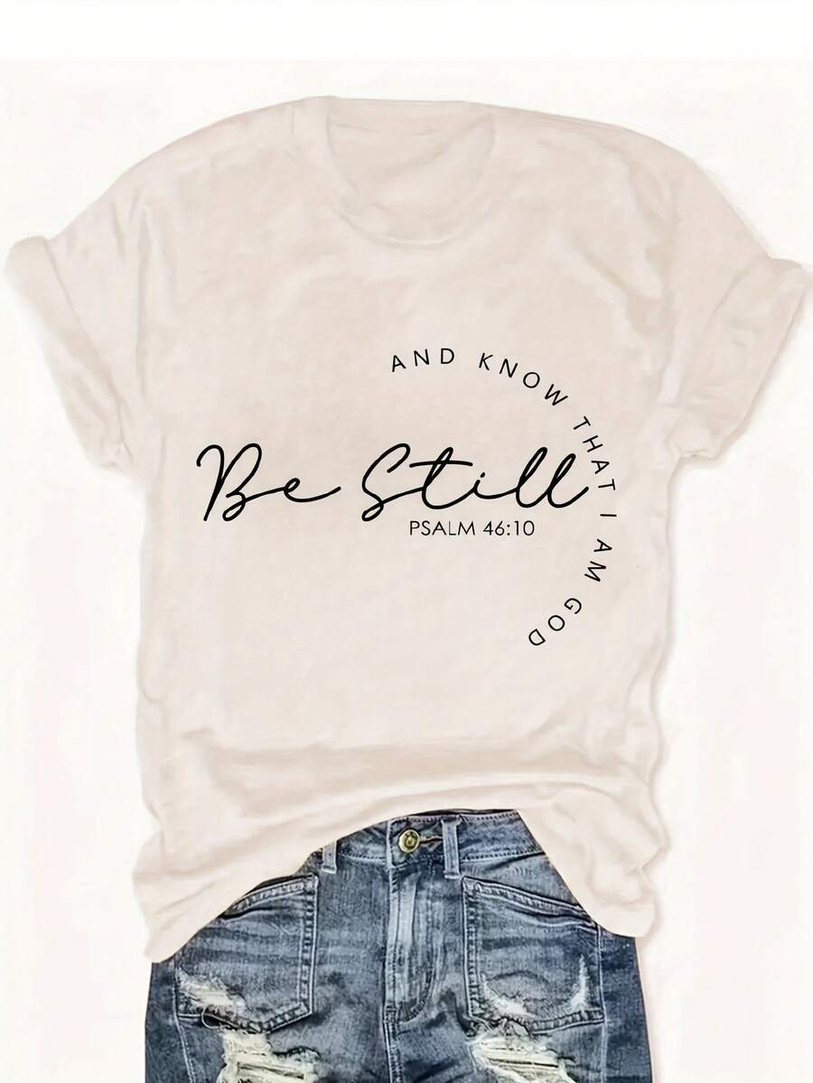 Women's Navy Blue Christian T-Shirt With Psalm 46:10 Bible Verse - Soft Blend Short Sleeve Round Neck Top, Elegant Font Bible Verse Tee For Church, Prayer & Casual Attire - Machine Washable Faith Apparel, Spiritual Gift For All-Season - 杏色 - 查看 1