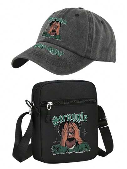 1pc/2pcs Portrait & Letter Graphic Print Distressed Vintage Baseball Cap And Bag Set, Adjustable, Personalized Streetwear Fashion, Suitable For Work, Campus, Outdoor, Travel, Casual, Gift For Yourself Or Friends
