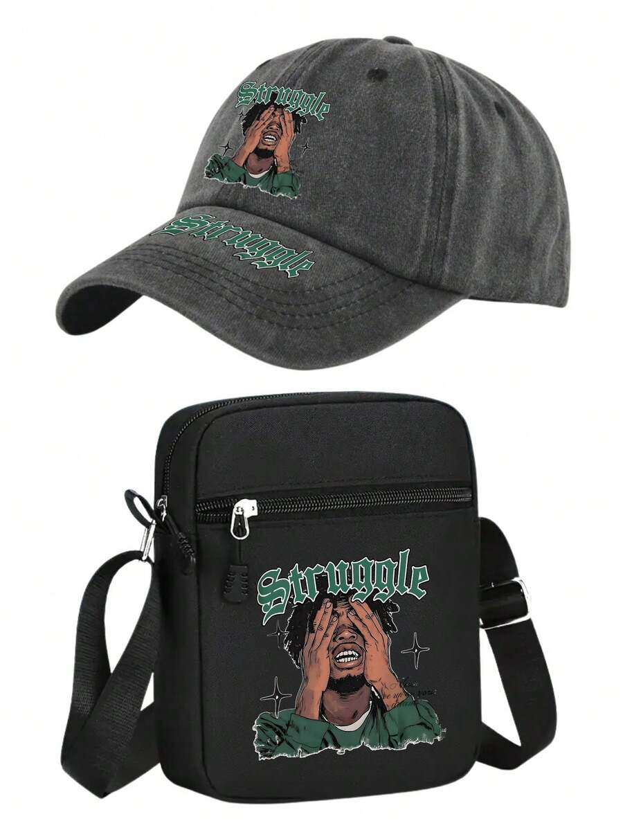 1件/2件套人像字母印花做旧复古棒球帽和包包套装，可调节，个性化街头时尚单品，适合工作、校园、户外、旅行、休闲场合，送给自己或朋友都是不错的选择。 - 彩色 - 查看 1