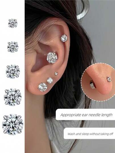 Bộ 3 đôi/6 chiếc khuyên tai đính đá Cubic Zirconia bằng thép không gỉ (3/5/7mm)(4/6/8mm), kiểu dáng tối giản Châu Âu và Mỹ, khuyên tai bốn chấu bằng thép titan đính đá Zirconia tròn, bộ khuyên tai vàng unisex.
