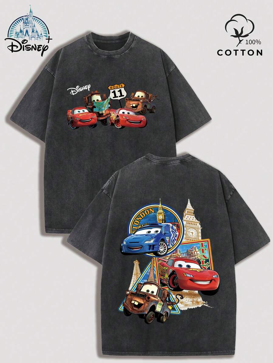 Disney Cars: Lightning McQueen & Mater Global Adventure Retro Washed T-Shirt, 100% Cotton, Summer Men's Y2K Style Casual Short-Sleeve Shirt, Washable, Suitable For Everyday Wear/Sports/Parties, Ideal Gift For Boyfriend/Disney Family Couple Outfits - 黑色 - 查看 1