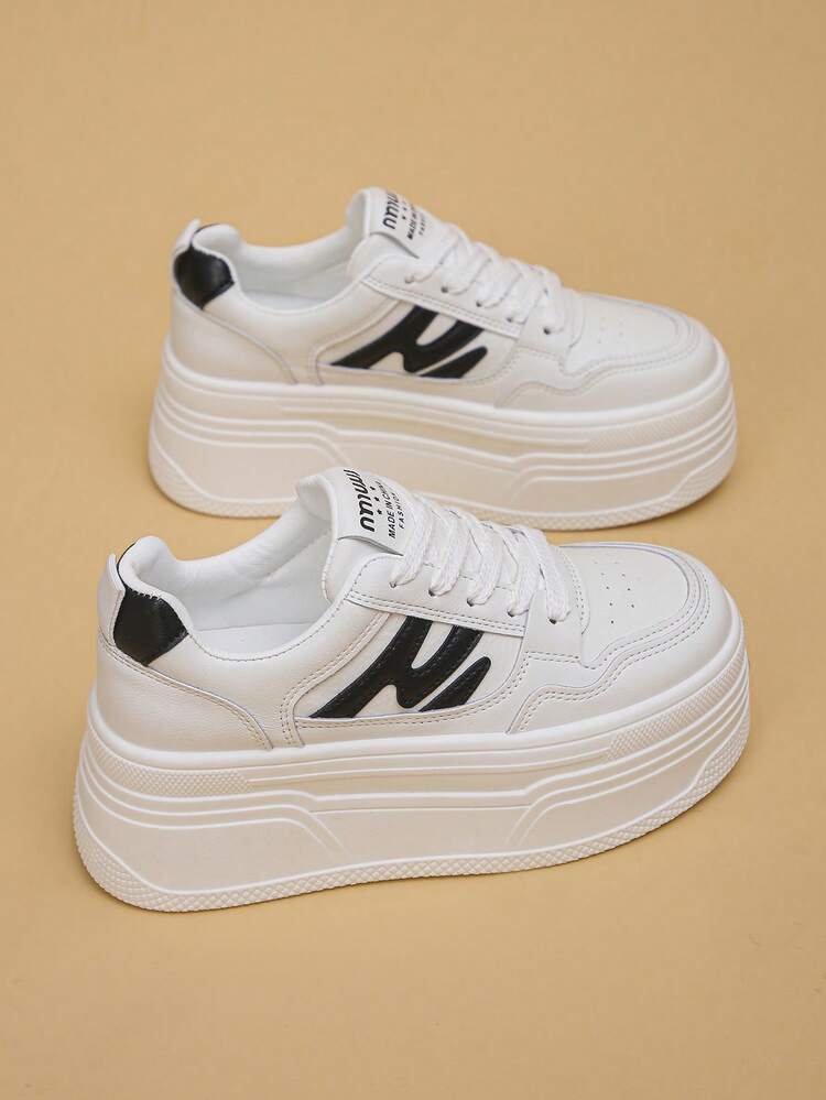 百搭时尚女式系带白色厚底坡跟运动鞋 - 黑與白 - 查看 14