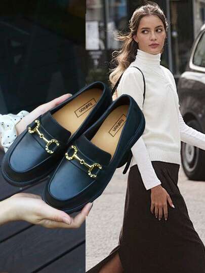 Women's Round Toe Slip-On Metal Chain Fashion Loafers, Oversized European And American Style, New For Spring/Summer 2026, Casual Daily Commute Loafers, Retro Flat Comfortable Moccasins, Non-Slip Soft Bottom Mother Shoes Women's Thick Sole Solid Color Leather Shoes, Fashionable College Style, 2025 Spring New Arrival British Style Black Thick Sole Increased Height Loafers, Retro JK Japanese Style Versatile Shoes (Run Small) Vintage French Style Thick Sole Mary Jane Shoes For Women, 2025 New Matching Skirts, Round Toe Shoes Women's Thick Sole Solid Color Leather Shoes, Fashionable College Style Lace-Up Loafers