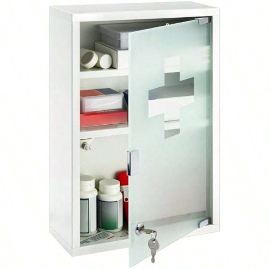 Timgle - Armario de primeros auxilios de pared con cerradura para colgar en la pared con puerta de vidrio de para el baño 3 estantes color blanco - Blanco - Ver 1