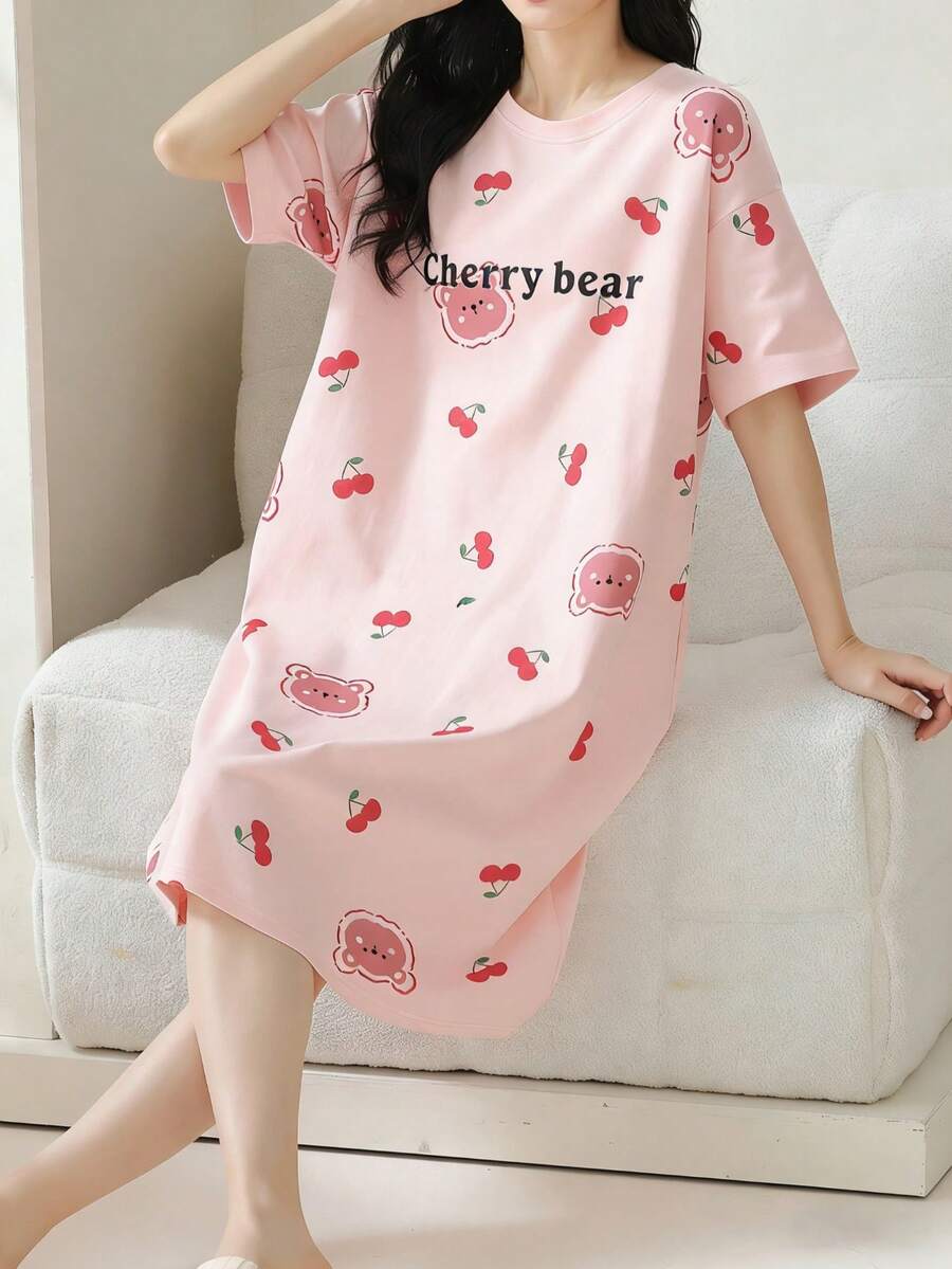 AICJ 1件装女士休闲宽松樱桃熊印花圆领及膝睡裙，舒适家居服，母亲节和情人节礼物 - 彩色 - 查看 1
