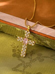 1件十字架吊坠项链，镶嵌钻石，5颗大钻石，18K金，奢华欧美风格，适合派对、日常佩戴，也是送给伴侣的礼物 - 金色 - 查看 1