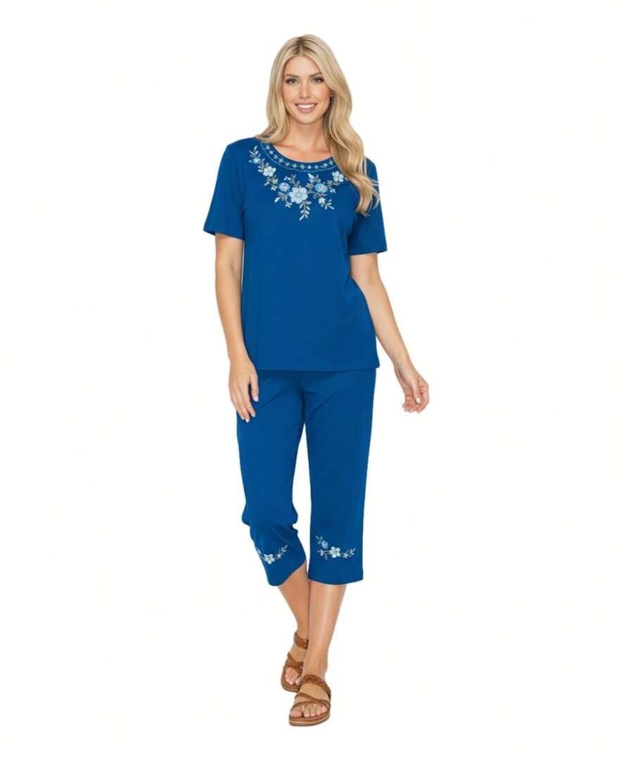 Women Short Sleeves Embroidered Cotton Blend Lounge Wear Sets - Cobalt - View 1