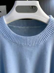 Men's Casual Versatile Solid Color Short Sleeve Knit Top, Suitable For Daily Wear And Commuting - Dusty Blue - View 6