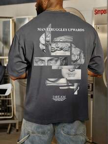 ONE WAVE Men's Casual Versatile Sculptural Element Print Short Sleeve T-Shirt - Dark Grey - View 3