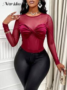 Áo thun dài tay xuyên thấu màu đỏ rượu vang gợi cảm dành cho nữ, kiểu dáng ôm sát với họa tiết xoắn phía trước, thích hợp cho buổi tối hẹn hò. - Màu Đỏ Sâu - Xem 3