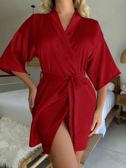 1 Piece Hot Selling Wearable Bathrobe, Kimono, Morning Gown, Sexy Western Style Women's Loungewear, Ice Silk Satin Lace Long Sleee Nightgown, Christmas Valentine's Day Gift