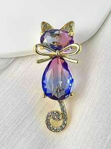 1pc Cute Cartoon Crystal Ombre Cat Brooch, Versatile Suit Accessory - Multicolor - View 4