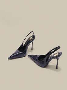 10.5cm High Heel Women's Pumps, Pointed Toe Kitten Heel, Stone Texture Blue High Heels With Easy-To-Wear Backstrap, Hollow-Out Gold Round Insole, Sexy Versatile Elegant Stilettos Suitable For Daily, Commute, Party, Prom - Royal Blue - View 4