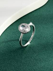 1pc Elegant Fashion Classic Minimalist Sparkling 925 Silver Oval Main Stone Ring Suitable For Women Engagement Wedding Date Party Gift - Silver - View 4