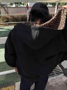 Wearing This Coat, You Are The Most Handsome Man On The Street. Autumn And Winter, New Style, American Style, Leopard Print, Fashionable, Handsome, Street Style, Heavyweight, Stiff, Hooded Men's Long Sleeved Sweatshirt Jacket, Suitable For Couples. - 豹紋 - 查看 4