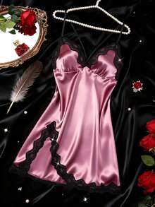 3pcs/Set Lace Trim Satin Sexy Lingerie Set, V-Neck Criss-Cross Tank Top, Bodycon Dress, Comfortable And Charming Nightgown For Women - Multicolor - View 6