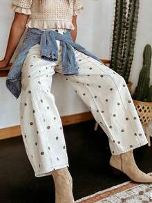 Women Barrel Jeans Dot Print Loose Denim Pants Spring Casual Baggy Trousers Fashion Wide-Leg Pants - Marrón - Ver 2