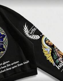 Vintage-Inspired Dark Academia Hooded Sweatshirt With Guadalupe Virgin Mary Print | Loose-Fit Washed Hoodie For A Streetwear Look | Religious Graphic Pullover For Effortless Style - Black - View 3