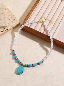 1件仿珍珠绿松石串珠吊坠项链，波西米亚风女士颈链，度假饰品 - 彩色 - 查看 3