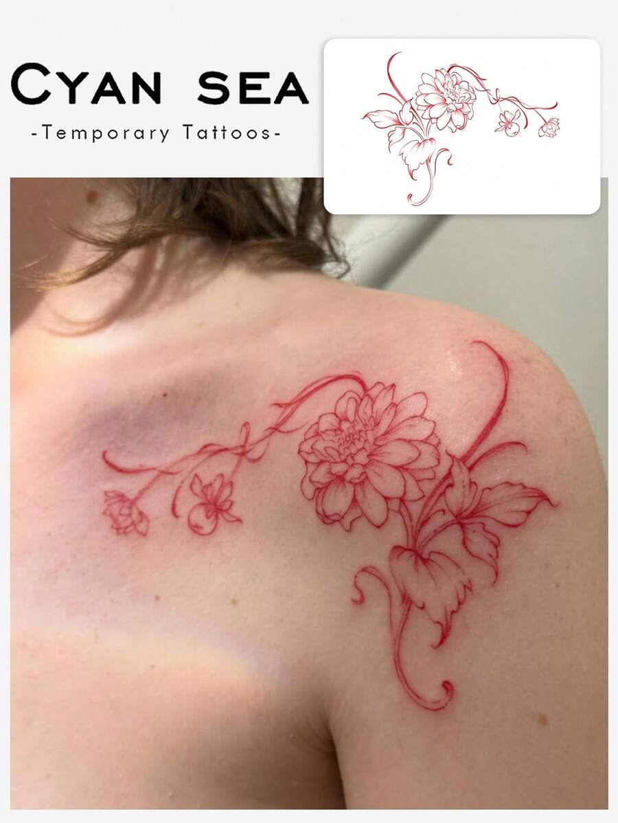 这款情人节临时纹身贴纸采用中国风红色花卉图案，散发着艺术气息。它可水洗、一次性使用、防水、防汗且不反光，适用于手臂和背部。逼真的纹身设计，是时尚达人日常使用的完美之选。贴纸可维持3-5天。 - 紅色 - 查看 1