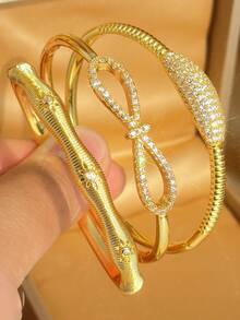 3pcs Gold-Plated Bangle Set | Bow & CZ Textured Bracelets | Bohemian Luxury Jewelry For Women - Multicolor - View 3