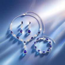Bộ trang sức cưới thời trang đính đá Cubic Zirconia hình giọt nước, gồm bông tai, dây chuyền và vòng tay. - 1662796 Bộ đồ màu xanh hoàng gia - Xem 4
