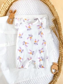 2pcs/Set Newborn Baby Girls Cute Rabbit Pattern Romper & Striped Jumpsuit, Infant Daily Wear - Purple - View 3