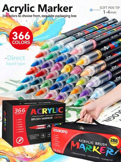 12-366 Colors Acrylic Paint Markers, Premium Carrying Pouch & Gift Box Packaging, Thick Ink Flow, Comprehensive Color Selection. Suitable For Crafts, Art Supplies, Plastic, Glass, Metal, Bamboo, Canvas, Stone, Ceramic, Fabric And More. Great Gift For Boys/Girls Students, Back To School, Teacher Rewards.