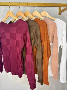 Women's Winter Knit Sweater, Boho Style, Square Knit, Elegant, Simple, Casual, Wool-Like Fabric, Textured Knit, Suitable For Evenings, Holidays, Weddings, Offices, Street Wear, Travel, Brunch, Autumn/Winter. - 紅木色 - 查看 4