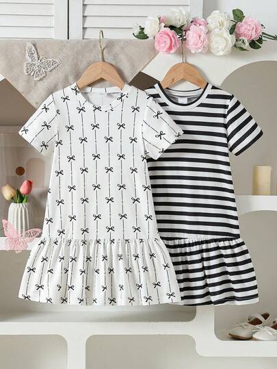 Set de 2 vestidos casuales de verano para niñas jóvenes, con cuello redondo y manga corta, vestido minimalista de niña con volantes en el bajo, con lazo y estampado de rayas, vestido de niña dulce y cómodo, adecuado para vacaciones, playa y uso diario al aire libre