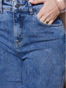 Women's Blue Jeans With Glitter Wave Pattern, High Waist, Premium - Dark Wash - View 15