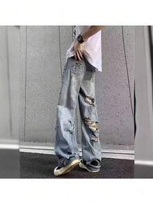 Pantalones de alta calle estadounidense 2026 jeans destrozados con estilo punk europeo y estadounidense unisex para hombre y mujer en descuento de fin de año para fiestas de Año Nuevo en invierno - Azul - Ver 6