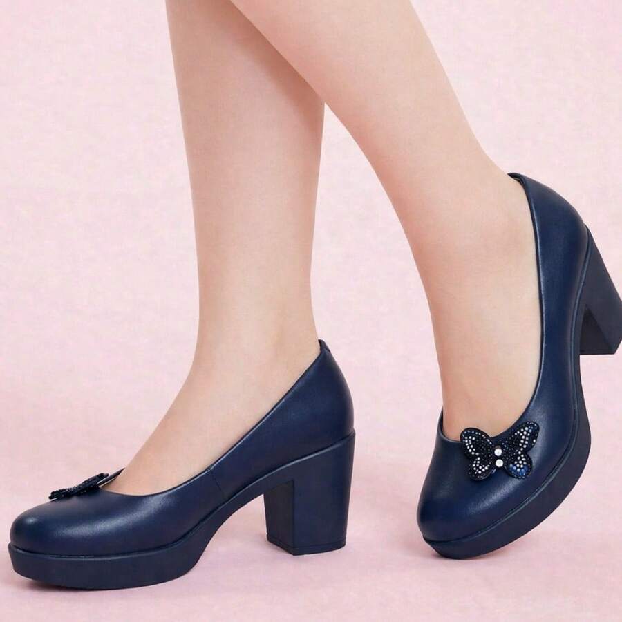 Zapatos de tacón grueso con detalle de mariposa y plataforma - Azul Marino - Ver 1