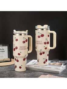 1 Peça Garrafa de Água de Grande Capacidade de 1200ml/40oz com Design de Letra e Cereja, com Alça e Canudo, Duas Tampas, Adequada para Água, Leite, Aveia, Chá, Suco, Café da Manhã, Café, Bebidas, Ideal para Café, Casa, Restaurante, Festa, Escritório, Dia dos Pais, Dia das Mães, Amigo, Namorado/Namorada, Família, Professor, Presente para Colegas de Trabalho, Halloween, Natal - Bege - Visão 6