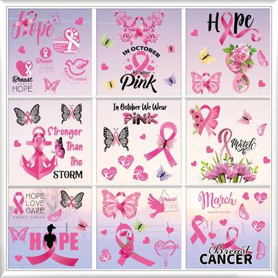9PCS/Pink Ribbon Breast Cancer Awareness Window Clings, Hope Butterfly Static Window Stickers, Removable Window Decals For Glass Windows, Home, Office, School, October Awareness Month Decor