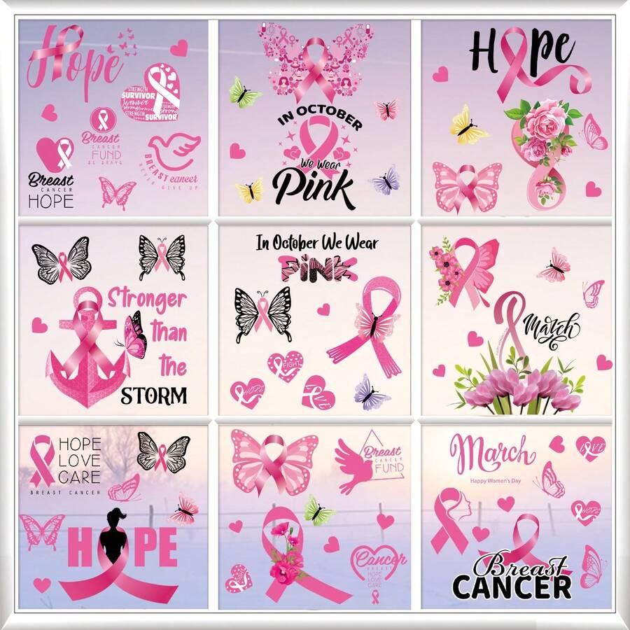 Conjunto de 9 adesivos de janela com laço rosa para conscientização sobre o câncer de mama, com borboleta da esperança, adesivos estáticos removíveis para janelas de vidro, para casa, escritório, escola, decoração para o mês de outubro. - 9Pcs - Ver 1