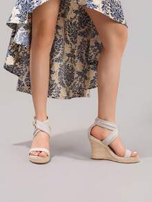 绳编厚底露趾优雅高跟凉鞋，女士度假休闲日常时尚麂皮鞋 - 藍色 - 查看 7